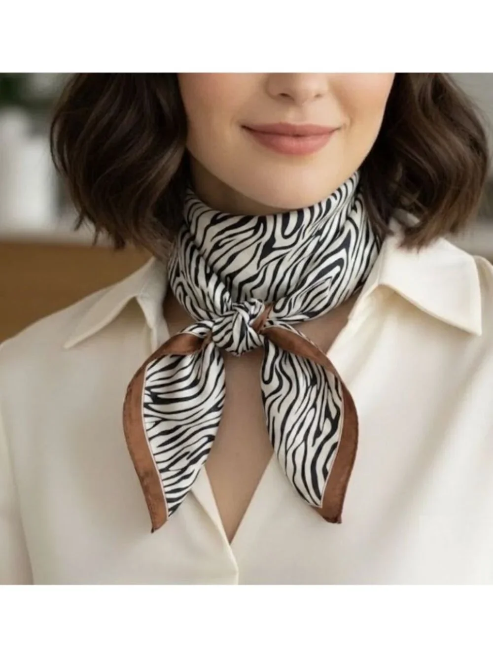 ⭐New Elegant Bandana Square Scarf Silky Satin Soft Animal Print Zebra Brown Wrap